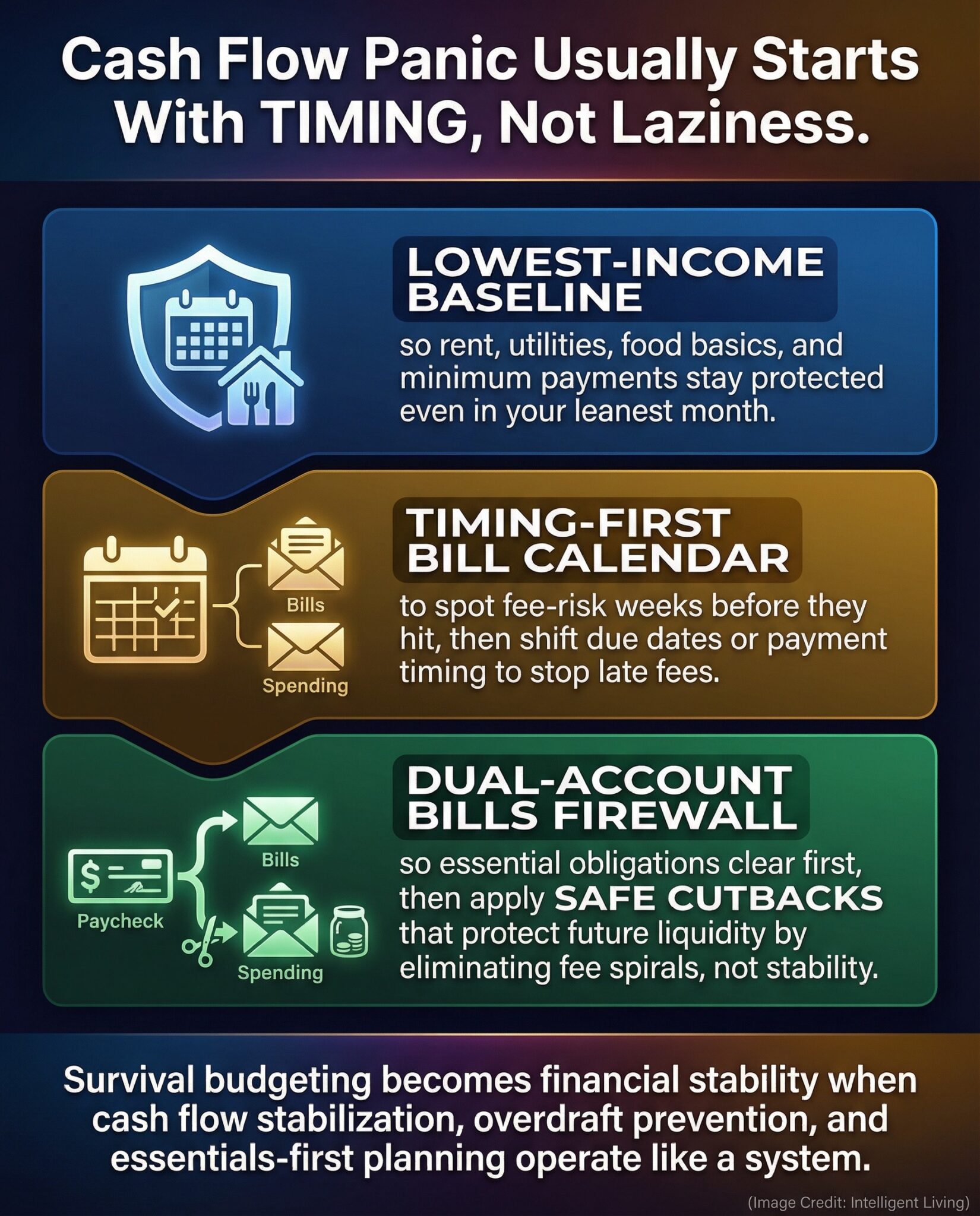 A bold, high-clarity meme showing a three-layer survival budgeting system: baseline, calendar, and dual accounts.