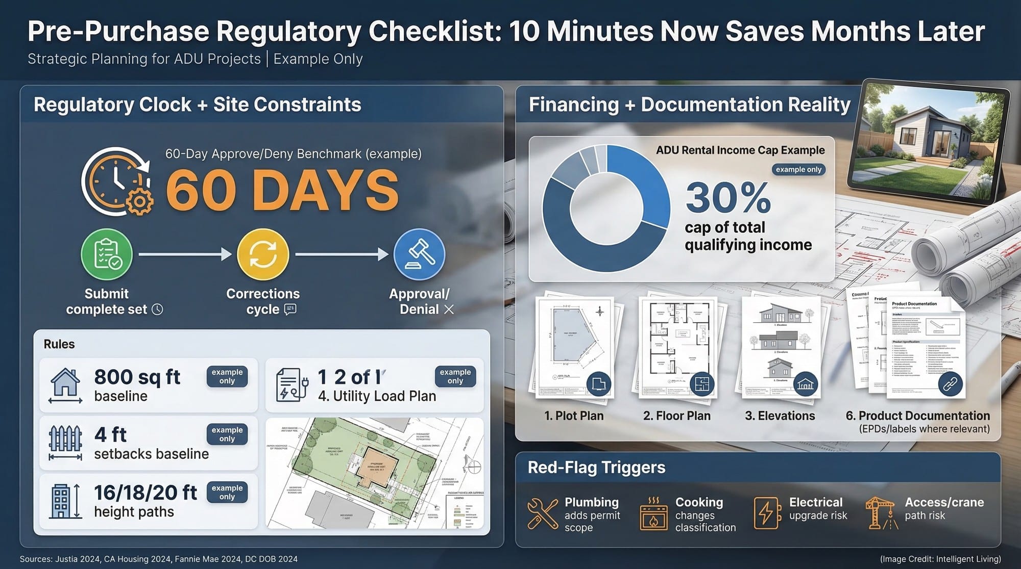 A regulatory and financing pre-purchase dashboard showing approval clocks, setbacks/height rules, and underwriting constraints for ADU income.