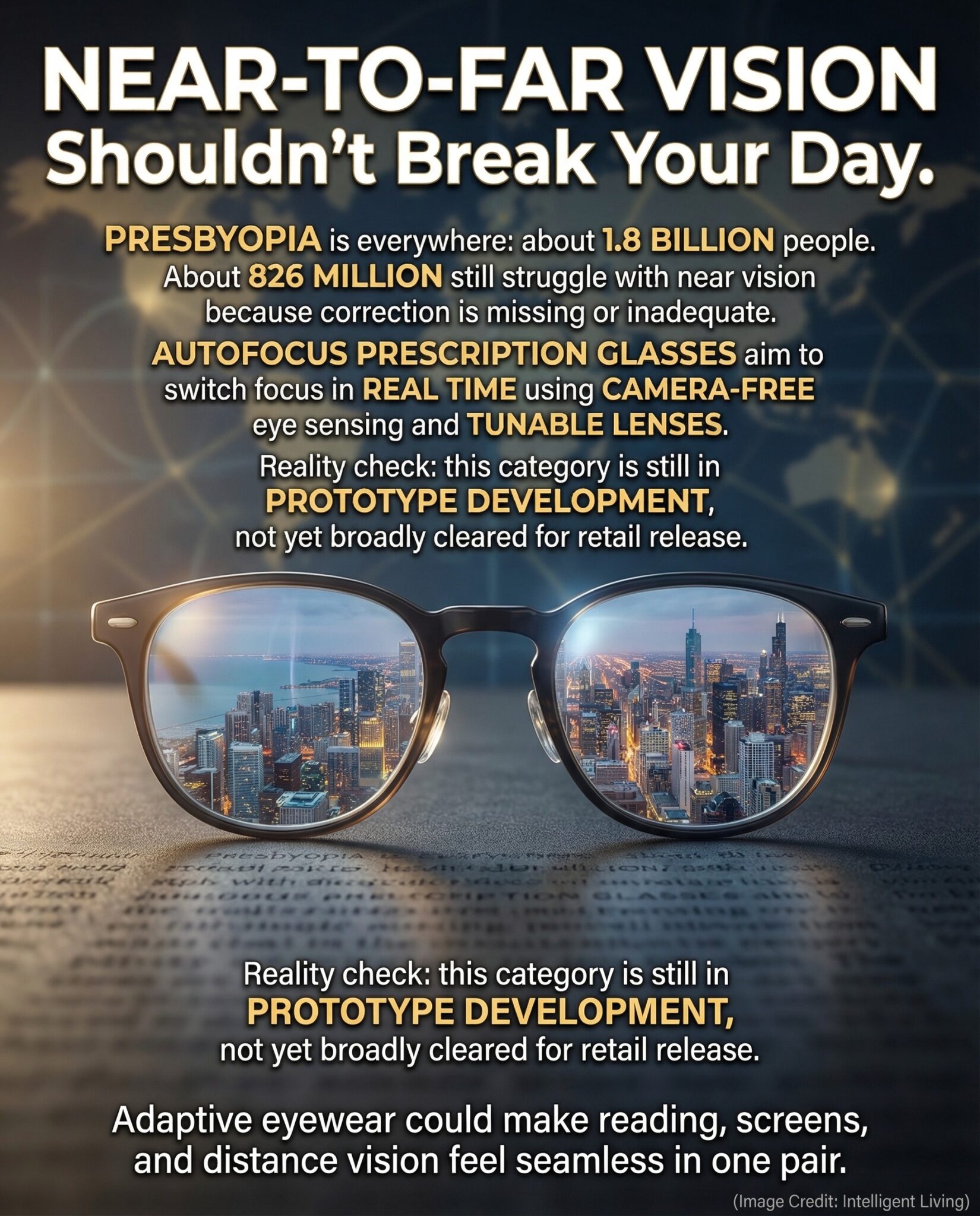 A bold, cinematic meme explaining autofocus glasses for presbyopia with global scale numbers and a clear