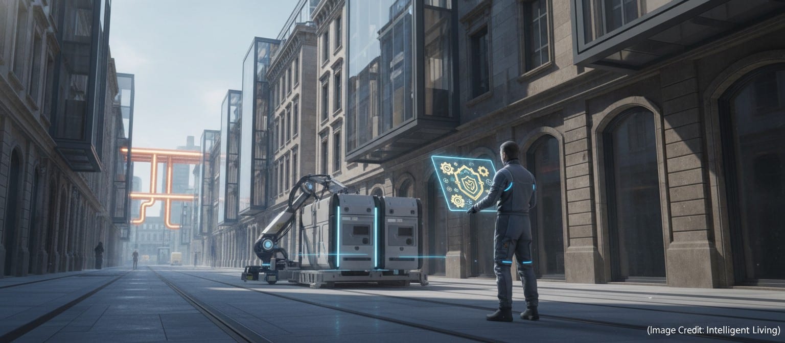 A modern European building retrofit scene with compliance cues and refrigerant-safe handling visuals.