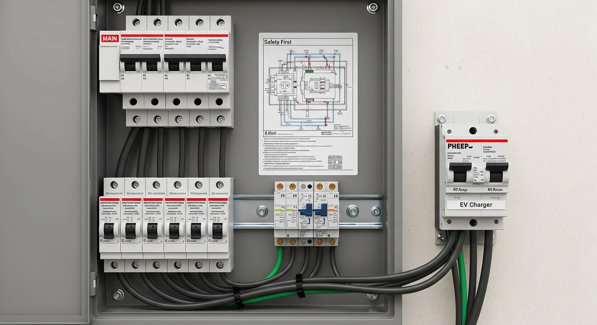 A close-up of a professional electrical panel with labeled breakers and a newly installed heavy-duty circuit for an electric vehicle charger.