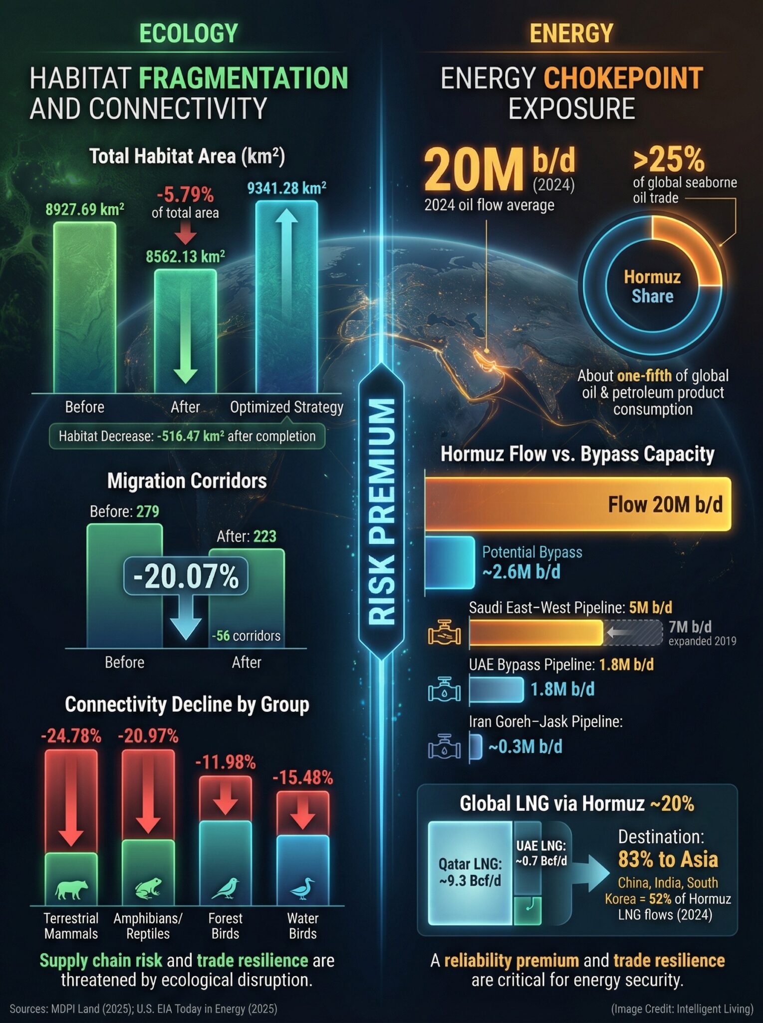 A split data visualization linking habitat fragmentation metrics from major canal construction to Strait of Hormuz energy chokepoint volumes and bypass pipeline limits that reprice supply chain risk.