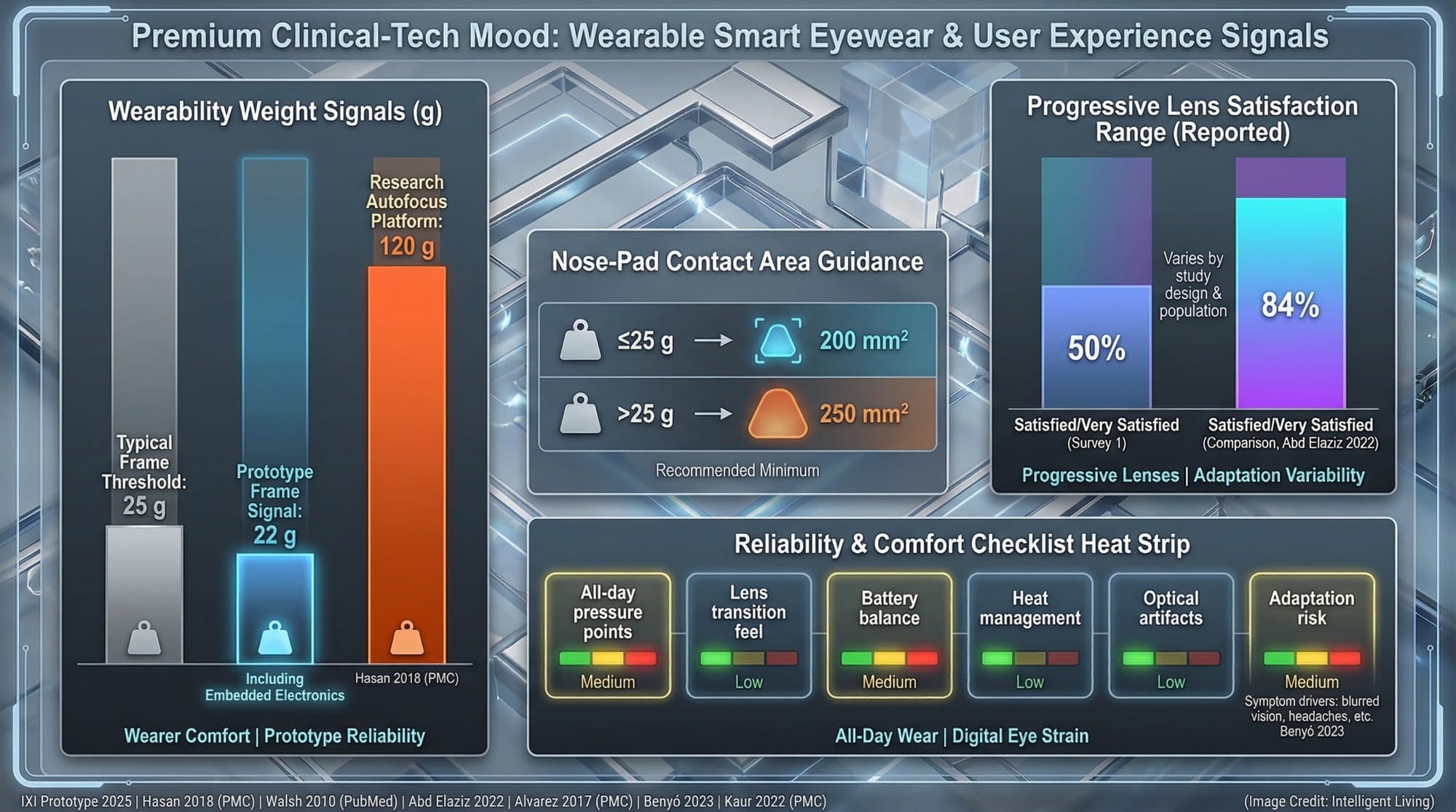 Infographic comparing prototype frame weights, comfort standards, progressive lens satisfaction, and reliability factors.