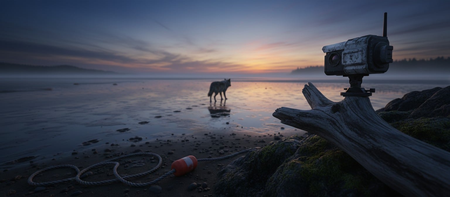 Remote wildlife camera overlooking a tidal shoreline with a wolf moving away, suggesting ongoing research and open questions.