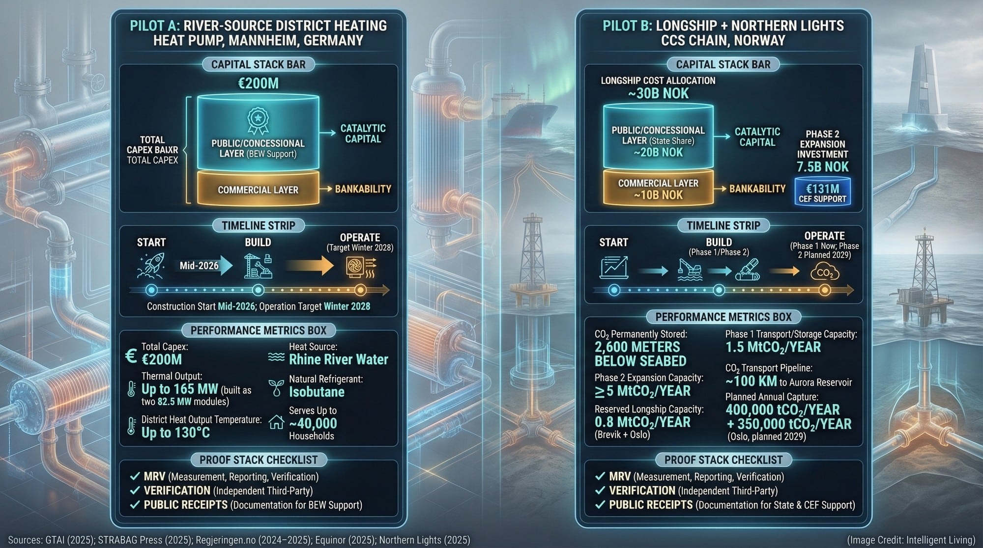 Two infrastructure pilot "cards" showing capital stack structure, timelines, and verification-ready performance metrics.