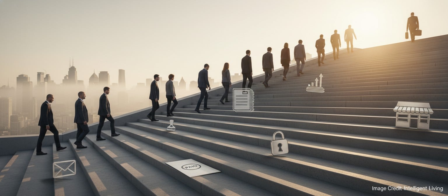 A hopeful sunrise scene showing a path upward with symbols of budgeting, debt payoff, credit strength, and steady investing.