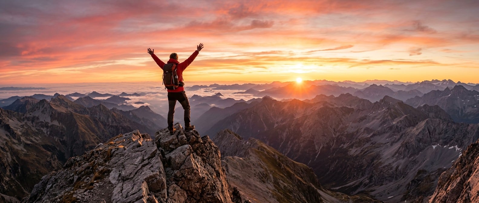 A person standing on a mountain peak looking at a bright sunrise, symbolizing financial freedom.