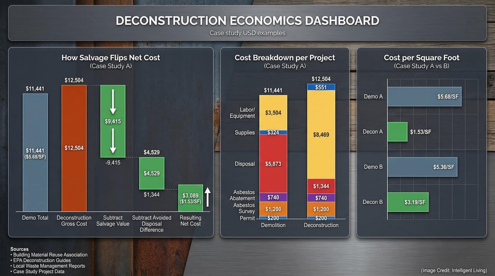 A finance dashboard visualizing how salvage value and avoided disposal costs can flip demolition economics into deconstruction profit logic.