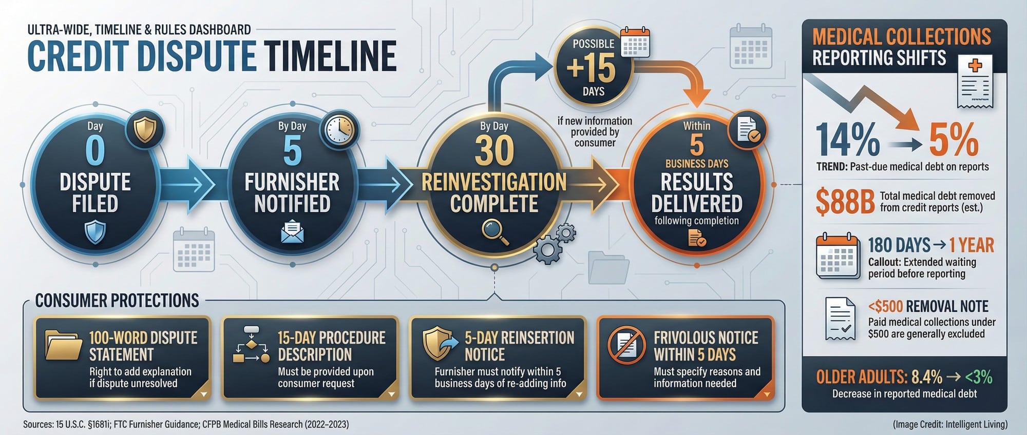 Wide timeline and rules dashboard showing dispute deadlines, reinsertion protections, and medical collection reporting changes with precise statutory timing and numeric data.