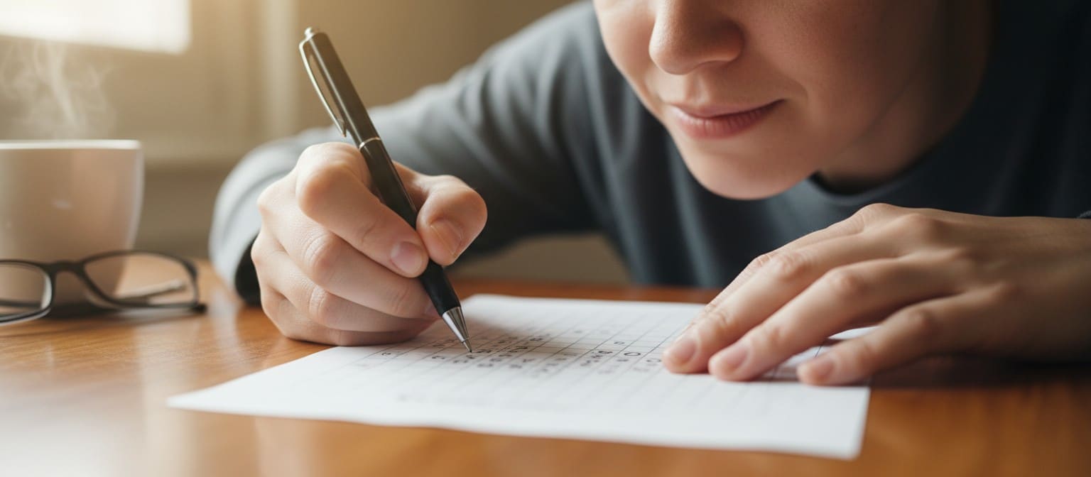 A focused person solving a Sudoku puzzle.