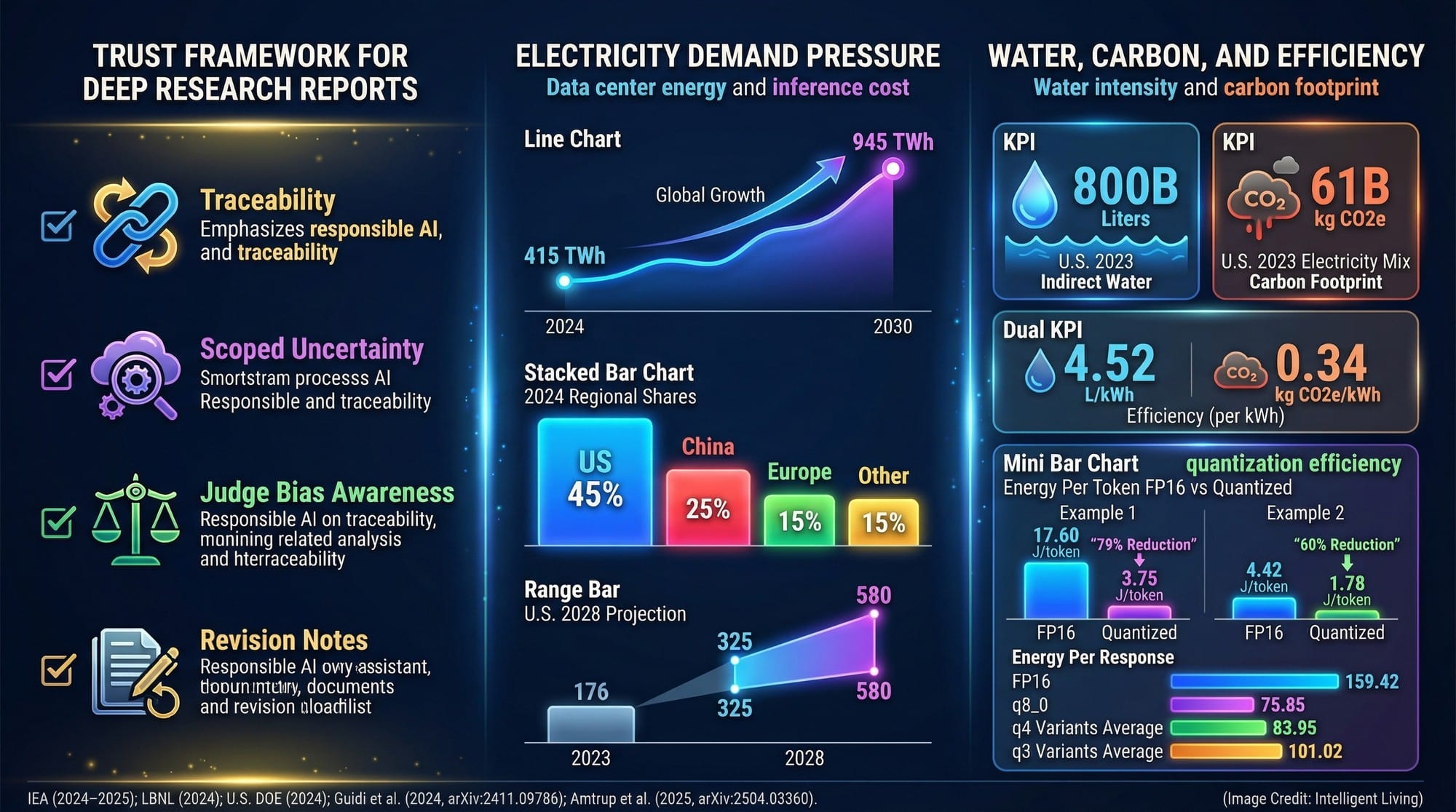 Trust checklist paired with energy, water, emissions, and efficiency charts for sustainable AI operations