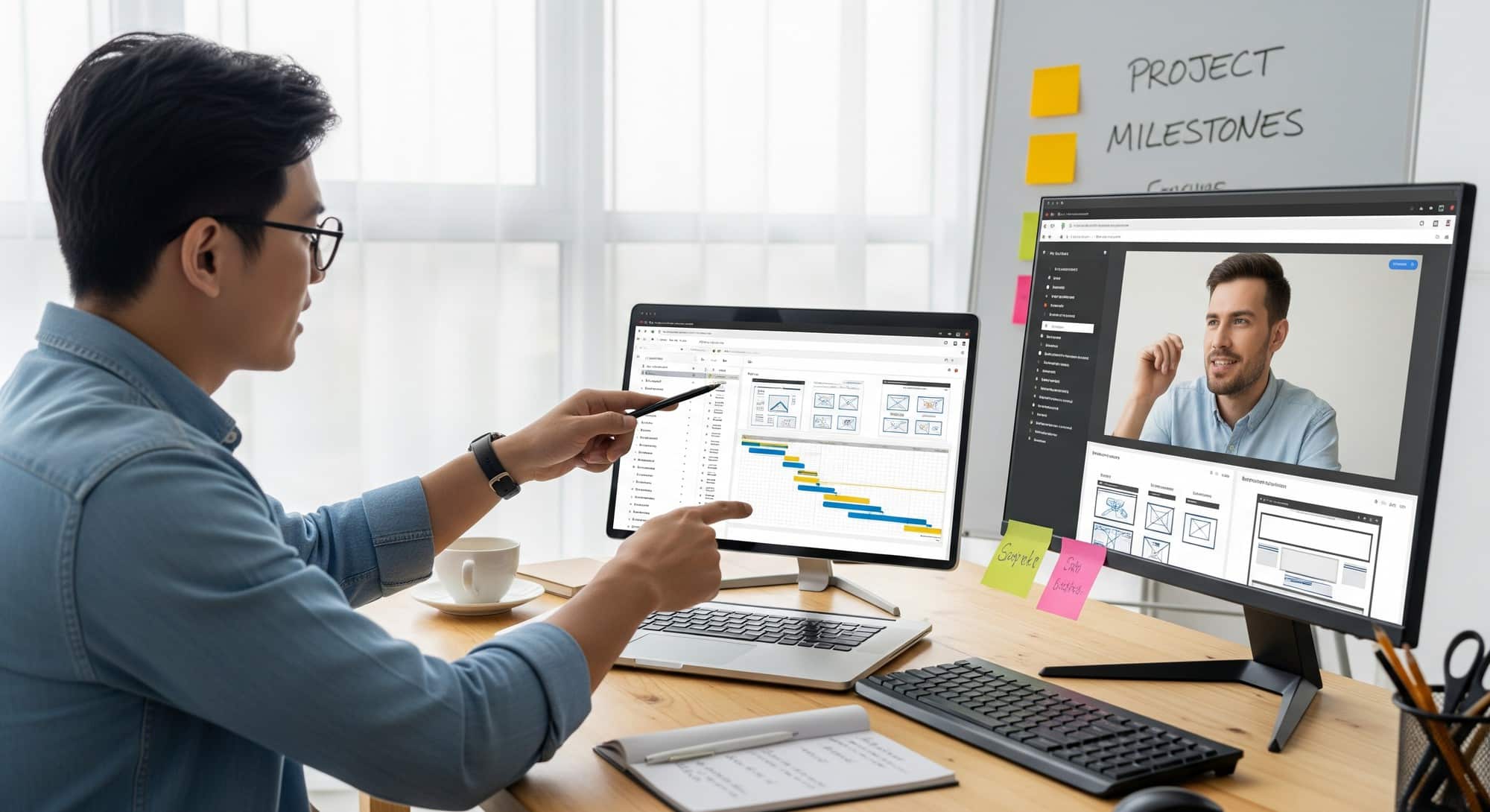 A web developer and client discussing a project over a video call.