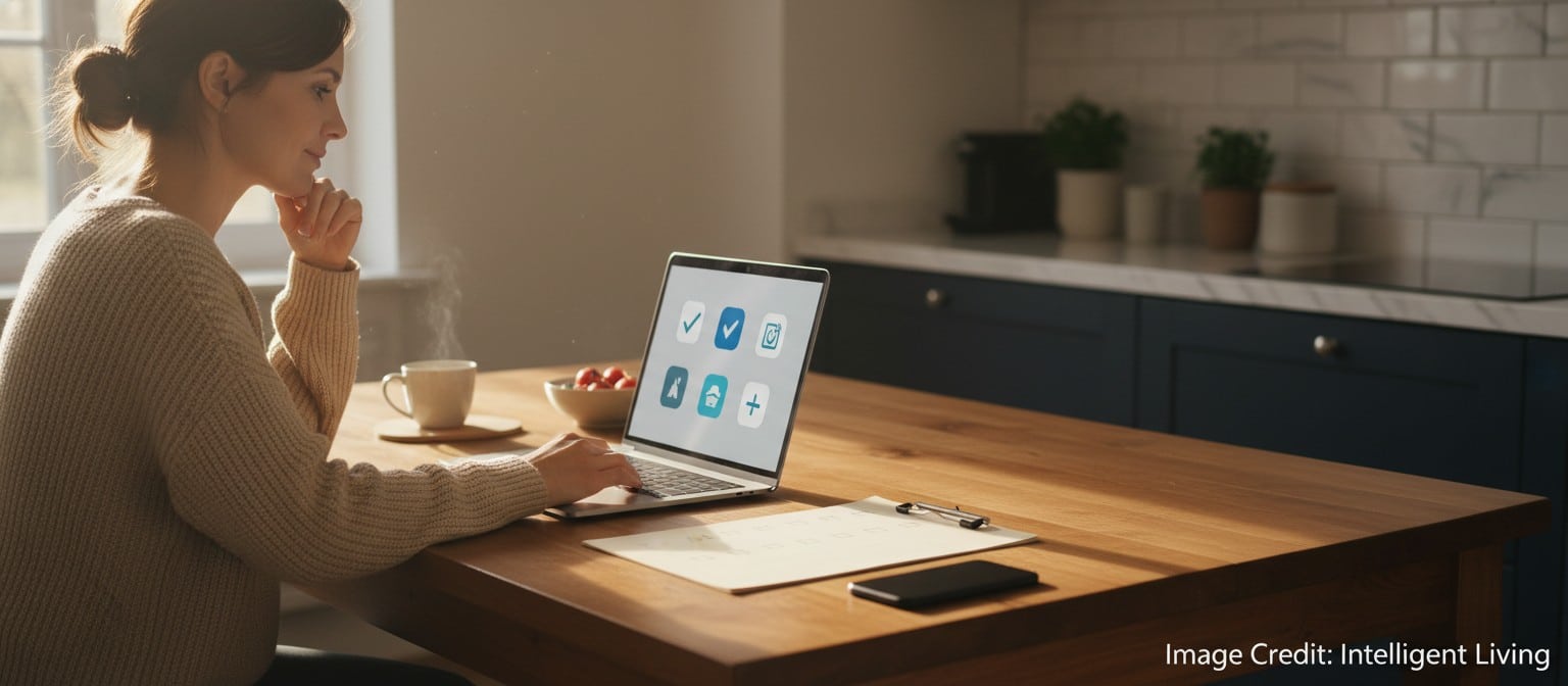 A person calmly verifying information on a laptop with a checklist beside them in warm morning light.