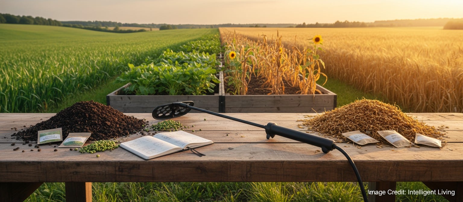 Wide cinematic scene showing seasonal weed control tools and soil health methods as a cohesive system.