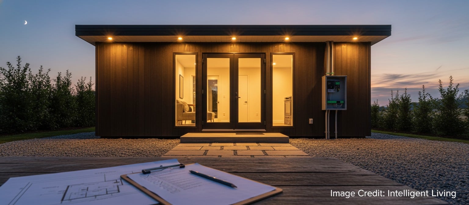 Calm evening scene showing a backyard module with efficient lighting and a checklist-style planning vibe, symbolizing permits, comfort, and long-term value.