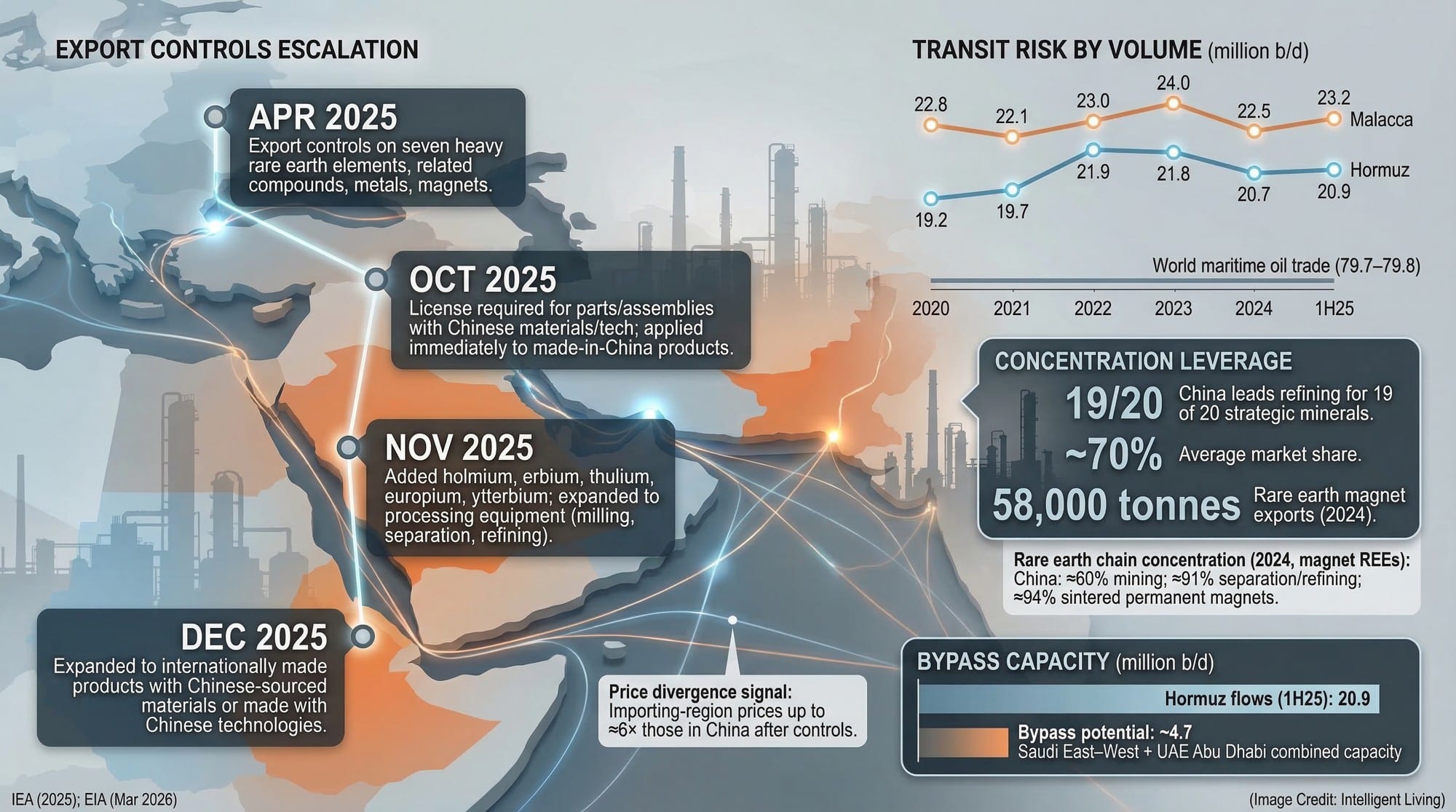 A geopolitics-and-logistics visual showing export control escalation, refining concentration leverage, and transit chokepoint volumes.