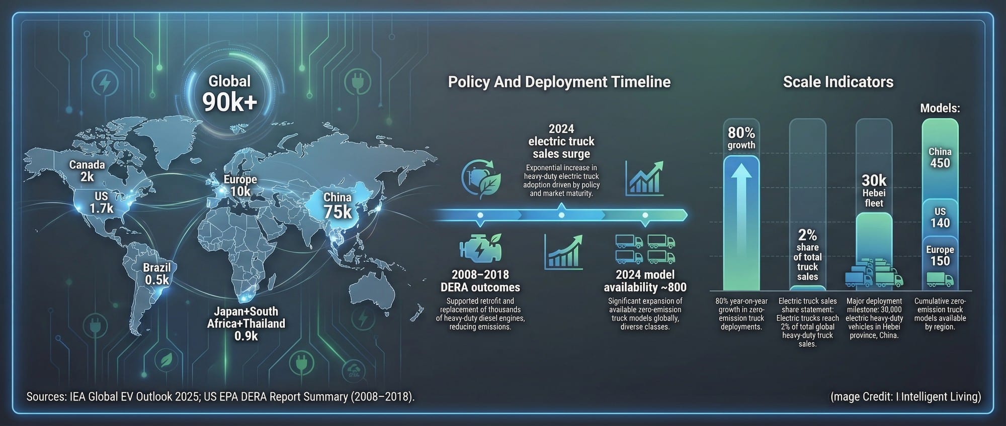 A panoramic global roadmap visualization combining electric truck adoption data with diesel reduction program outcomes.