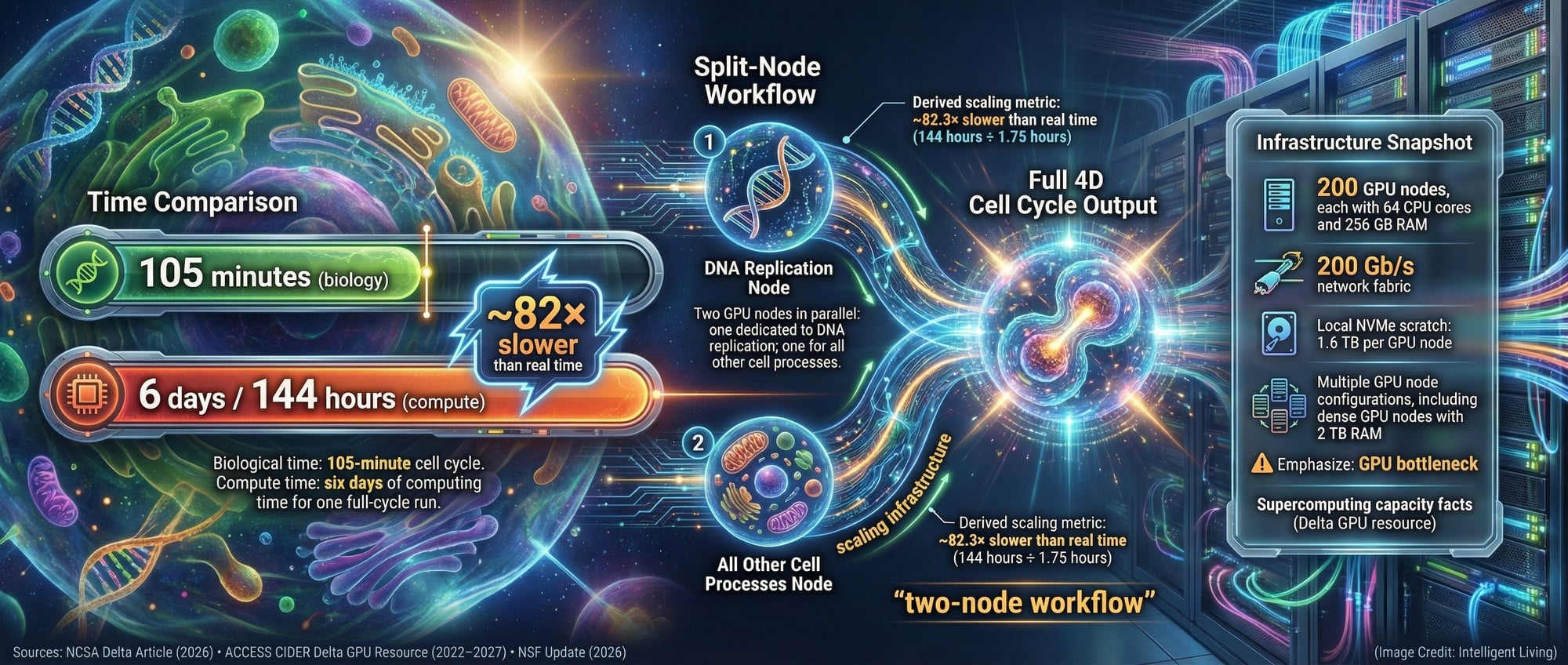 A hyperwide data visualization comparing 105 minutes of biology to six days of GPU compute, showing two-node split architecture and supercomputer hardware capacity facts.