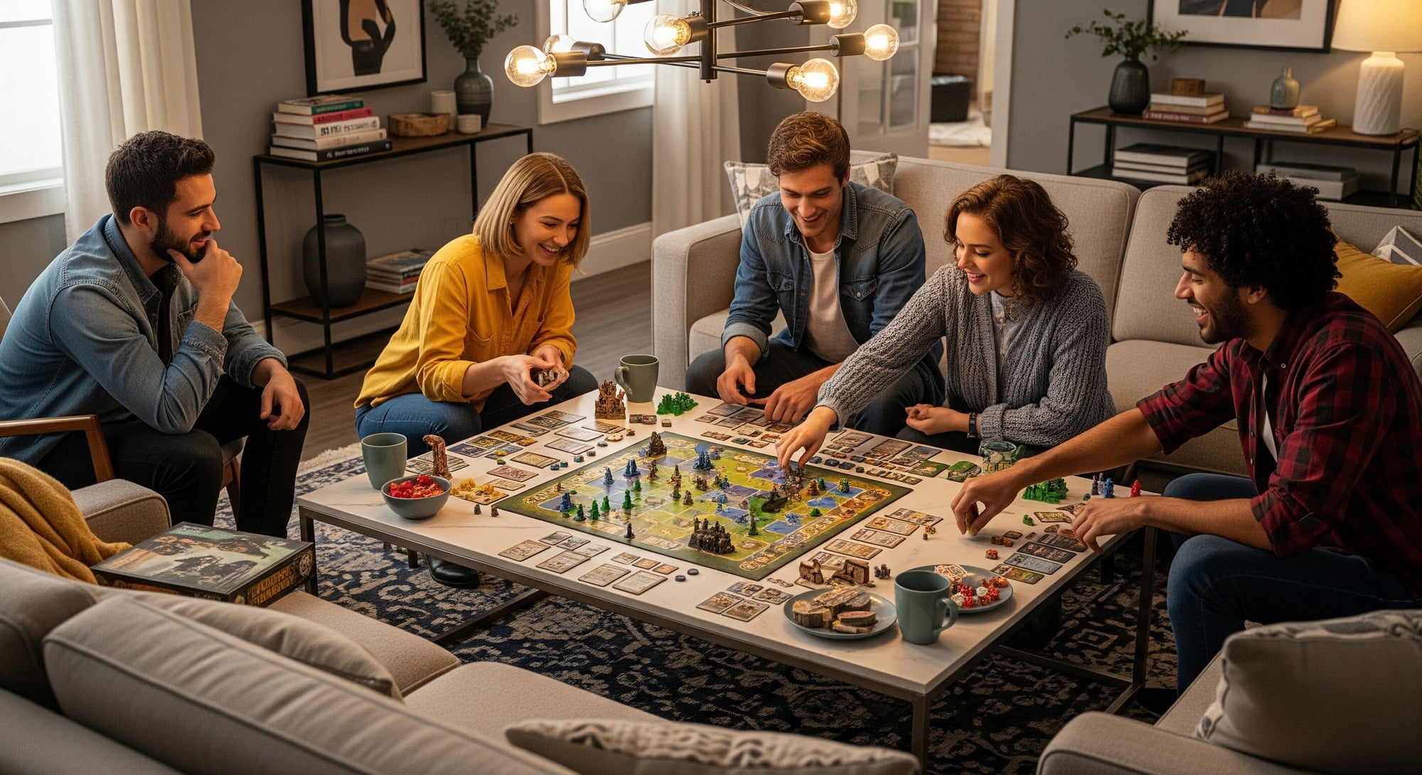 A group of people happily playing a strategic board game together.