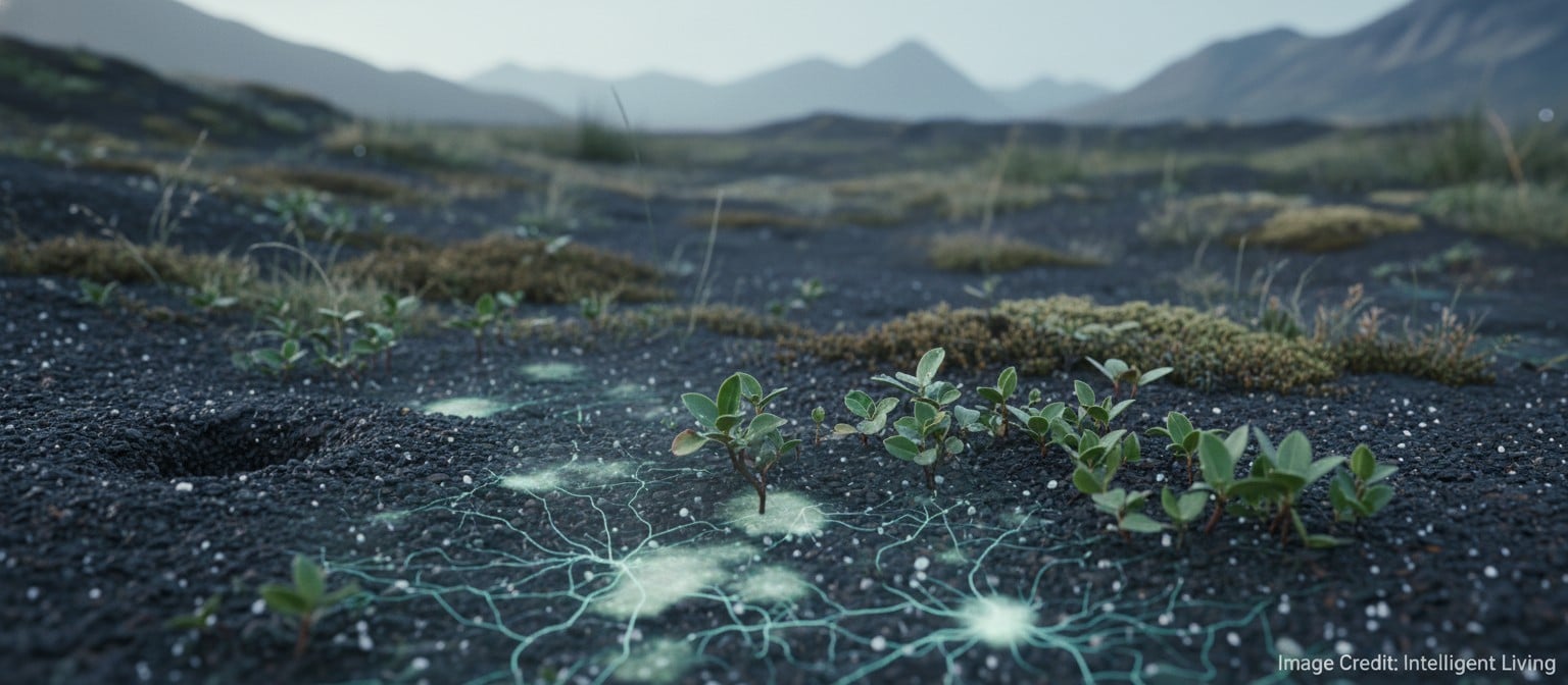 Close-up cinematic soil scene showing new plant growth emerging from ash-like substrate with a subtle microbial glow.