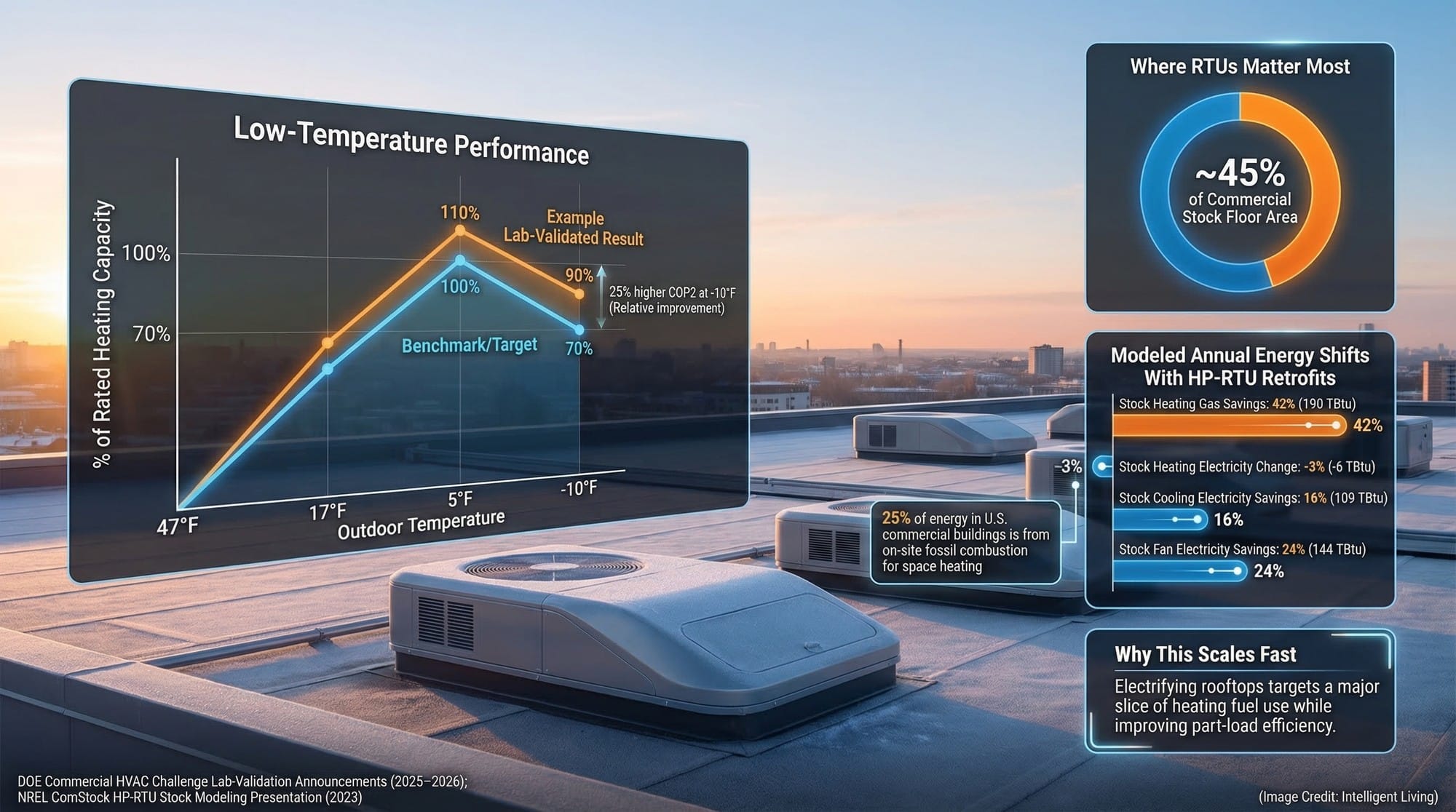 Cold-climate commercial heat pump performance benchmarks showing heating capacity retention and energy savings data.