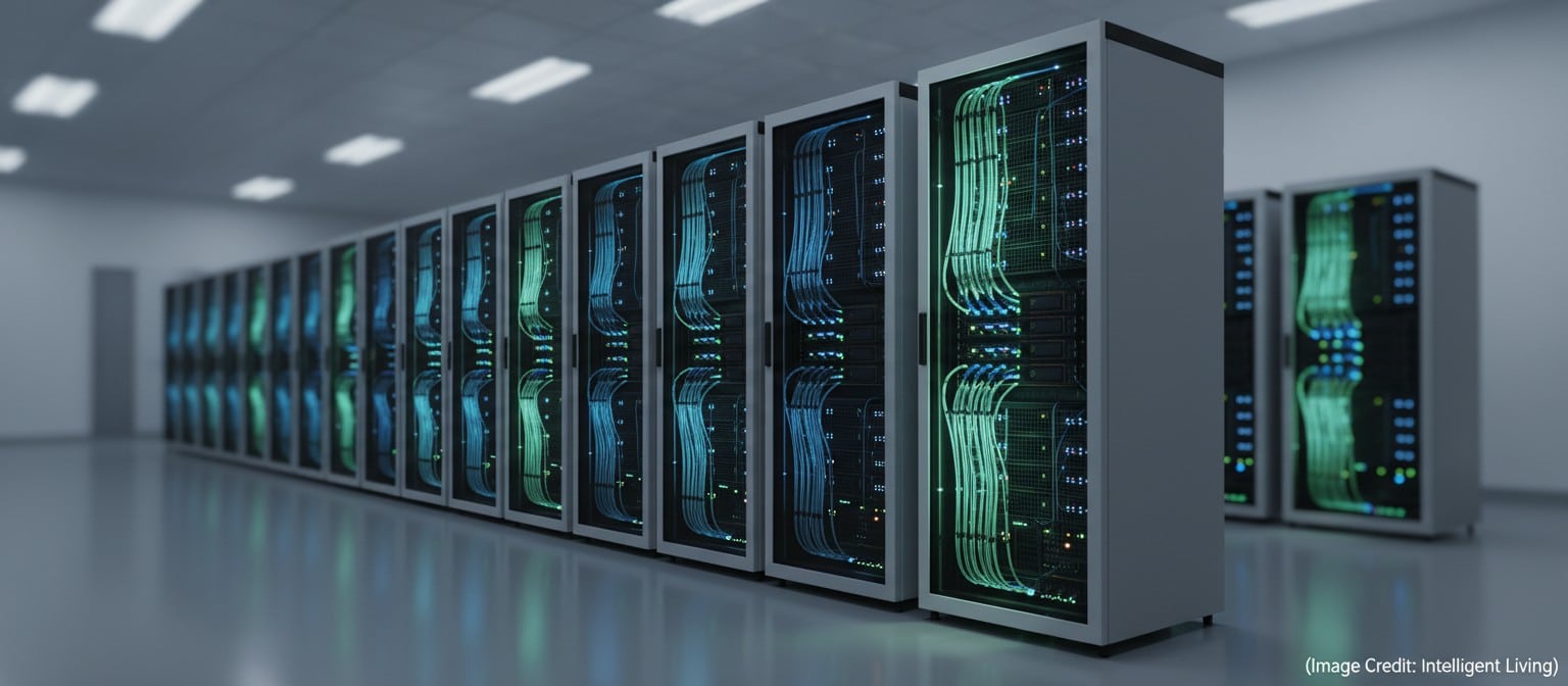 Cinematic wide shot of a modern AI compute rack with network fabrics and cooling lines, representing rack-scale planning and memory certainty for next-gen AI clusters.