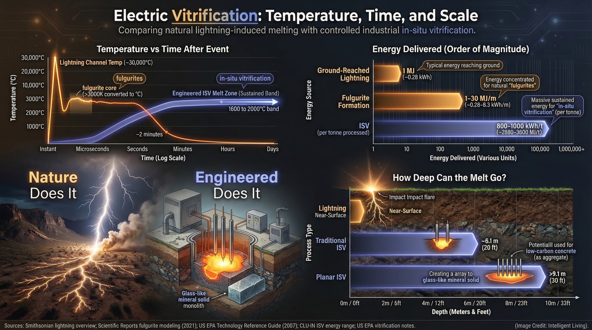 A data-rich comparison of lightning-made fulgurites and engineered vitrification processes that melt minerals into glass-like solids.
