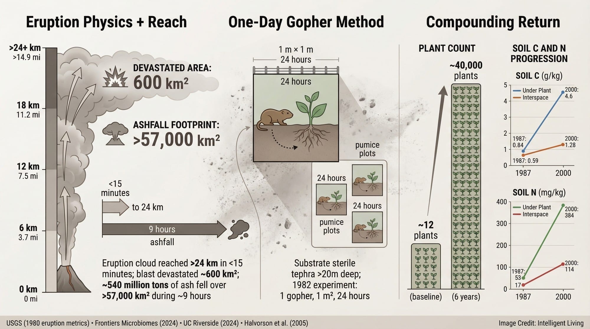 Timeline infographic showing eruption scale, experiment design, and the outsized biological results from a 24-hour intervention.