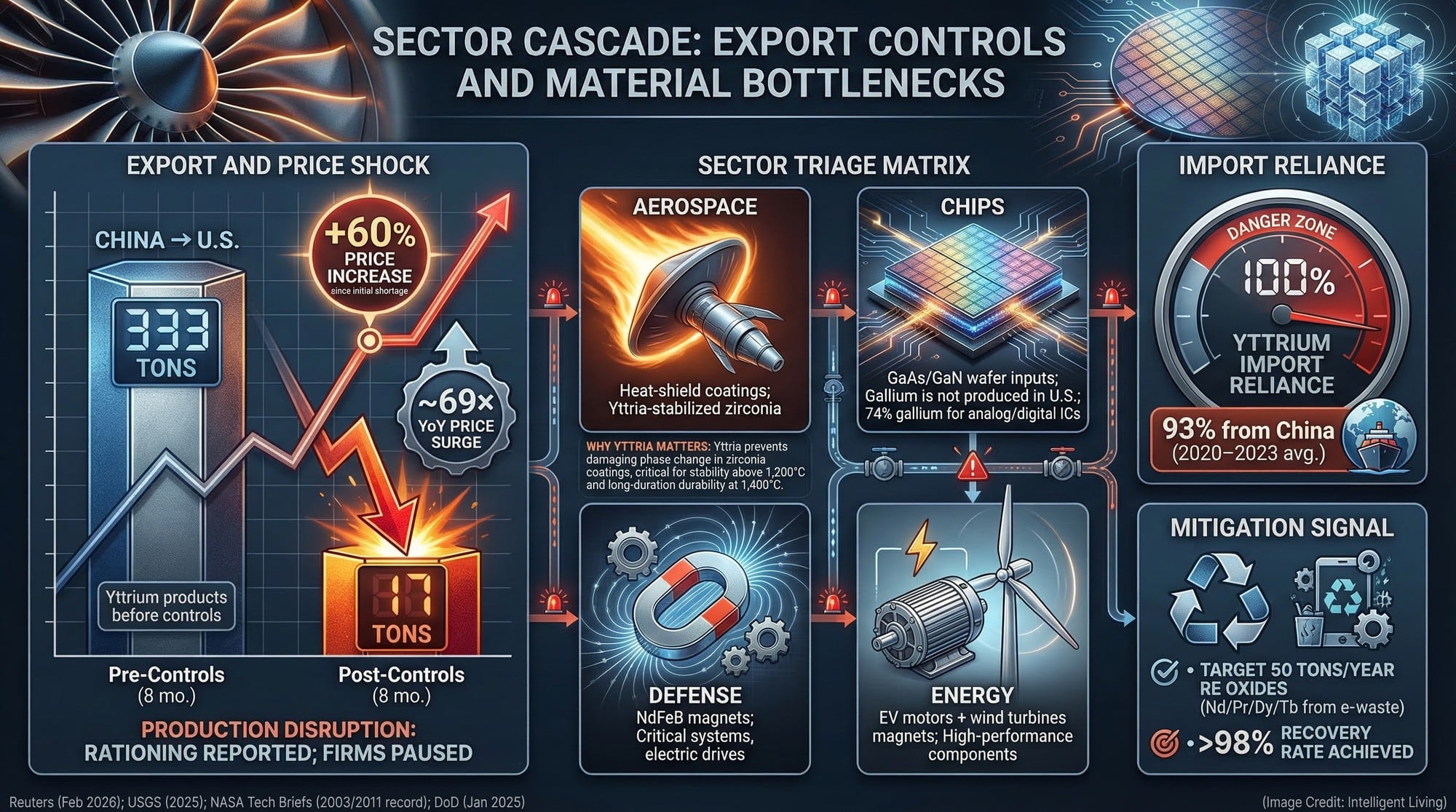 Sector cascade visual showing how export controls and material bottlenecks hit aerospace coatings, semiconductor materials, defense magnets, and energy transition hardware.