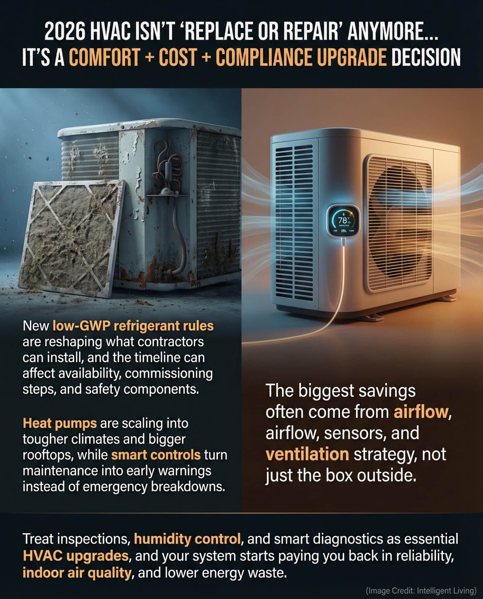 2026 HVAC upgrade comparison showing old versus new heat pump systems with refrigerant and smart control highlights.