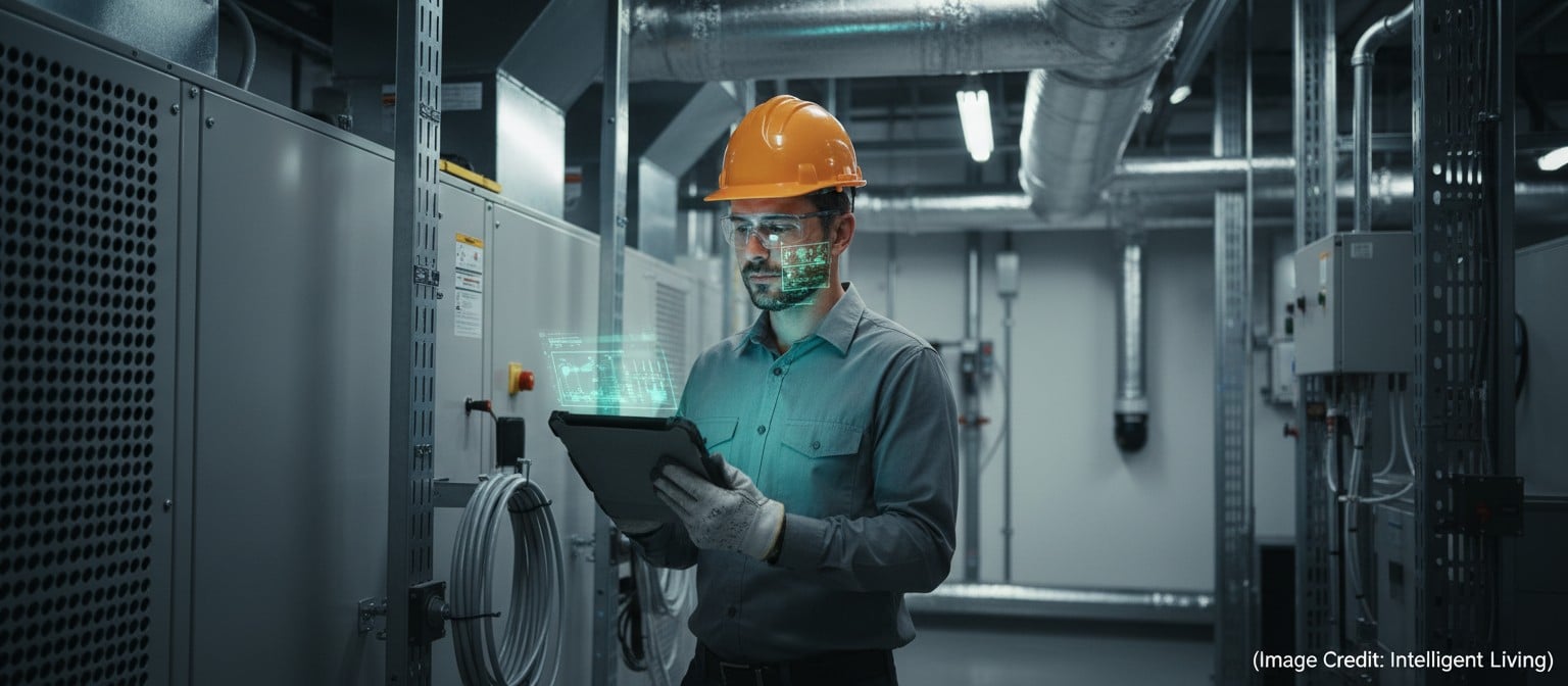 A technician performing a modern HVAC inspection with a tablet and diagnostic visuals in a clean mechanical setting.