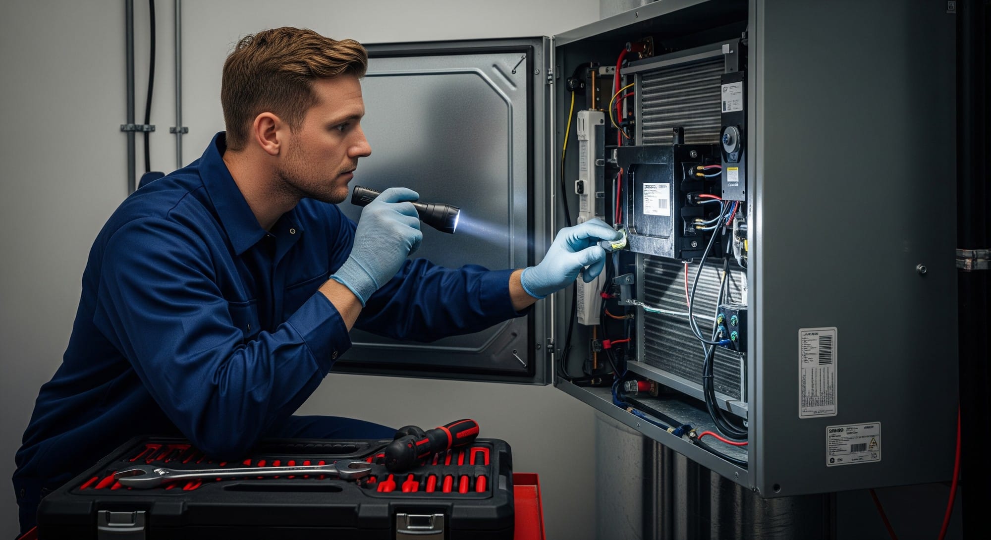 A professional HVAC technician inspecting an indoor air conditioning unit.