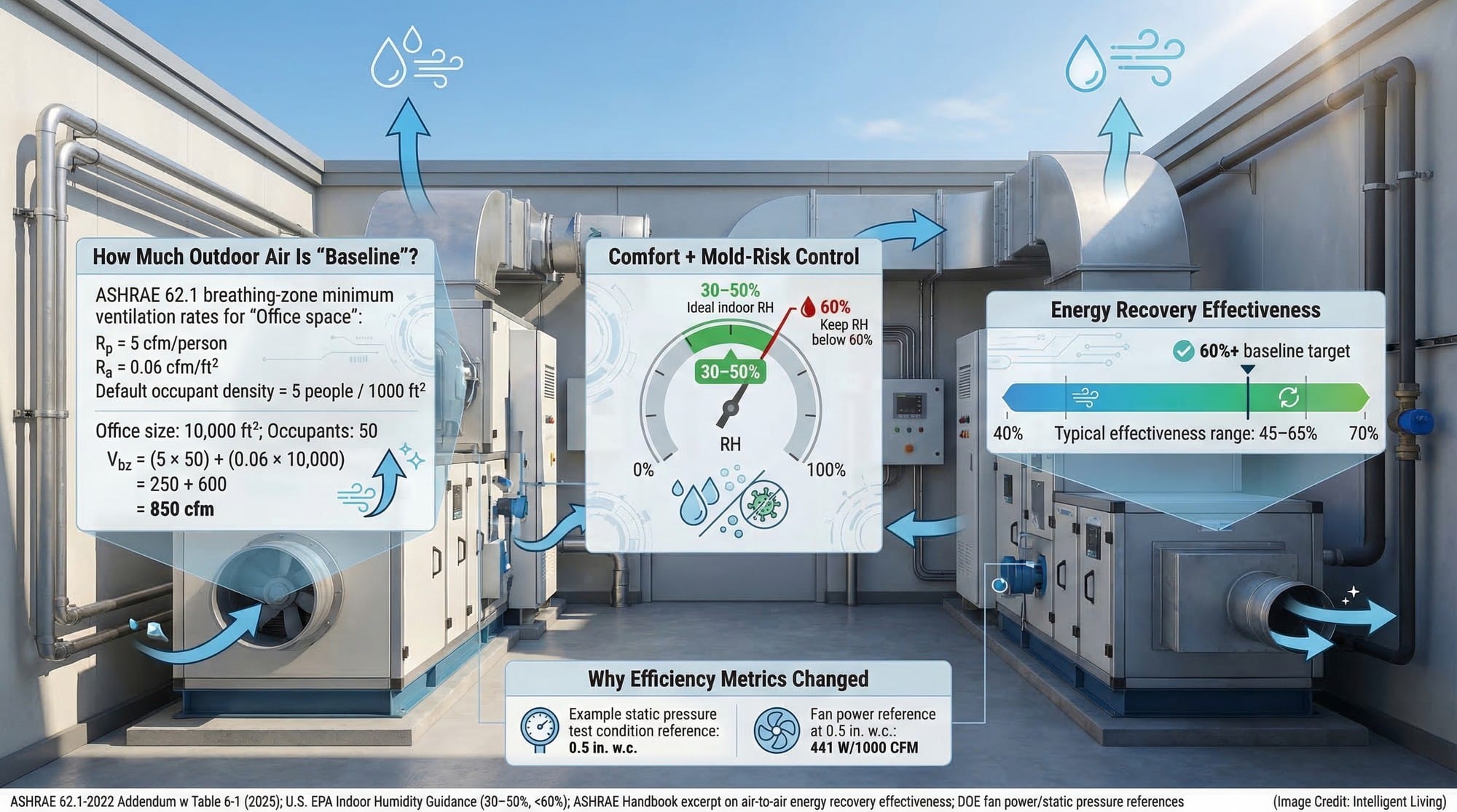 Ventilation and humidity control data showing ASHRAE 62.1 standards, energy recovery effectiveness, and indoor air quality targets.
