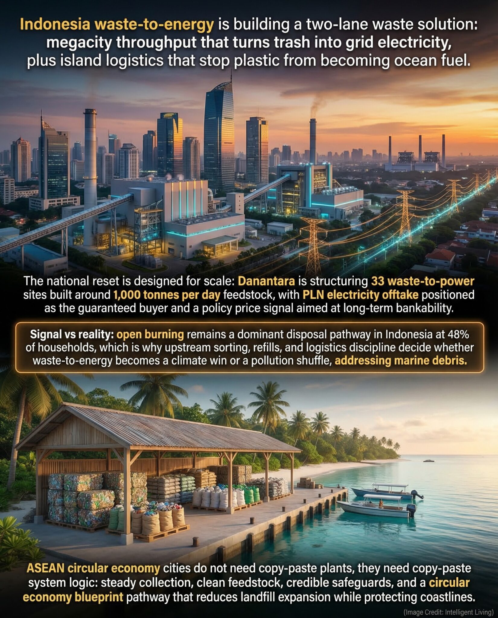 Cinematic split-scene meme showing Indonesia's city-scale waste-to-energy pathway paired with an island logistics pathway, using dense explanatory text blocks and bold numeric callouts.