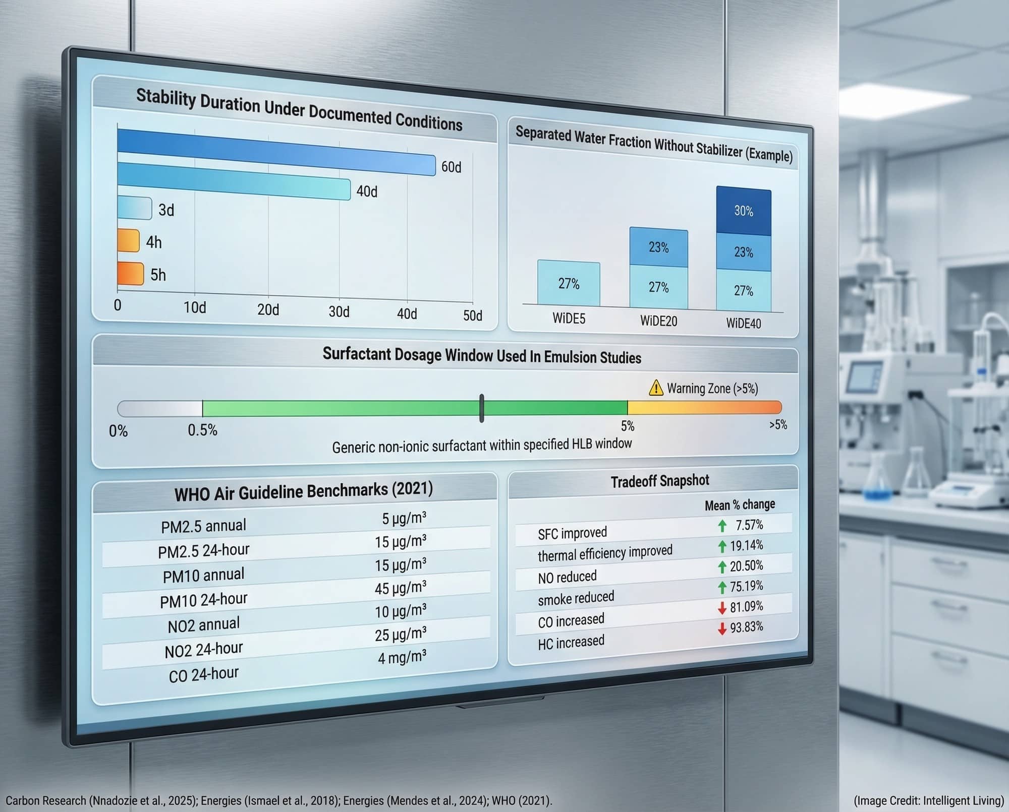 A stability-and-safety dashboard showing surfactant dosage ranges, stability duration comparisons, and health-based air guideline benchmarks.