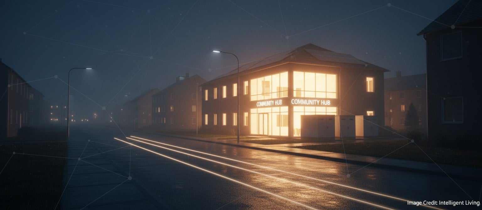 Nighttime community hub glowing with power while surrounding streets are dim, suggesting reliable local backup energy.