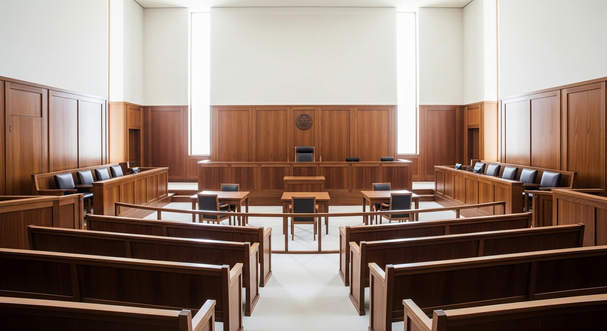 A modern courtroom interior with wooden benches and a judge's bench.