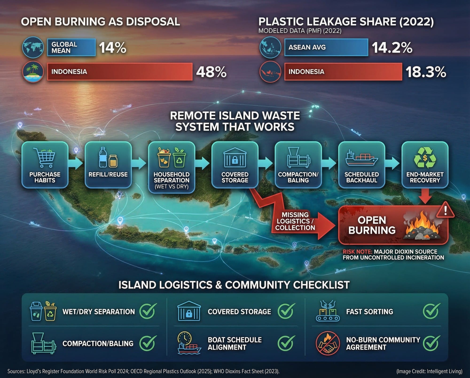 Flow-and-metrics infographic linking island logistics checkpoints to open burning rates and plastic leakage risk, without human figures.