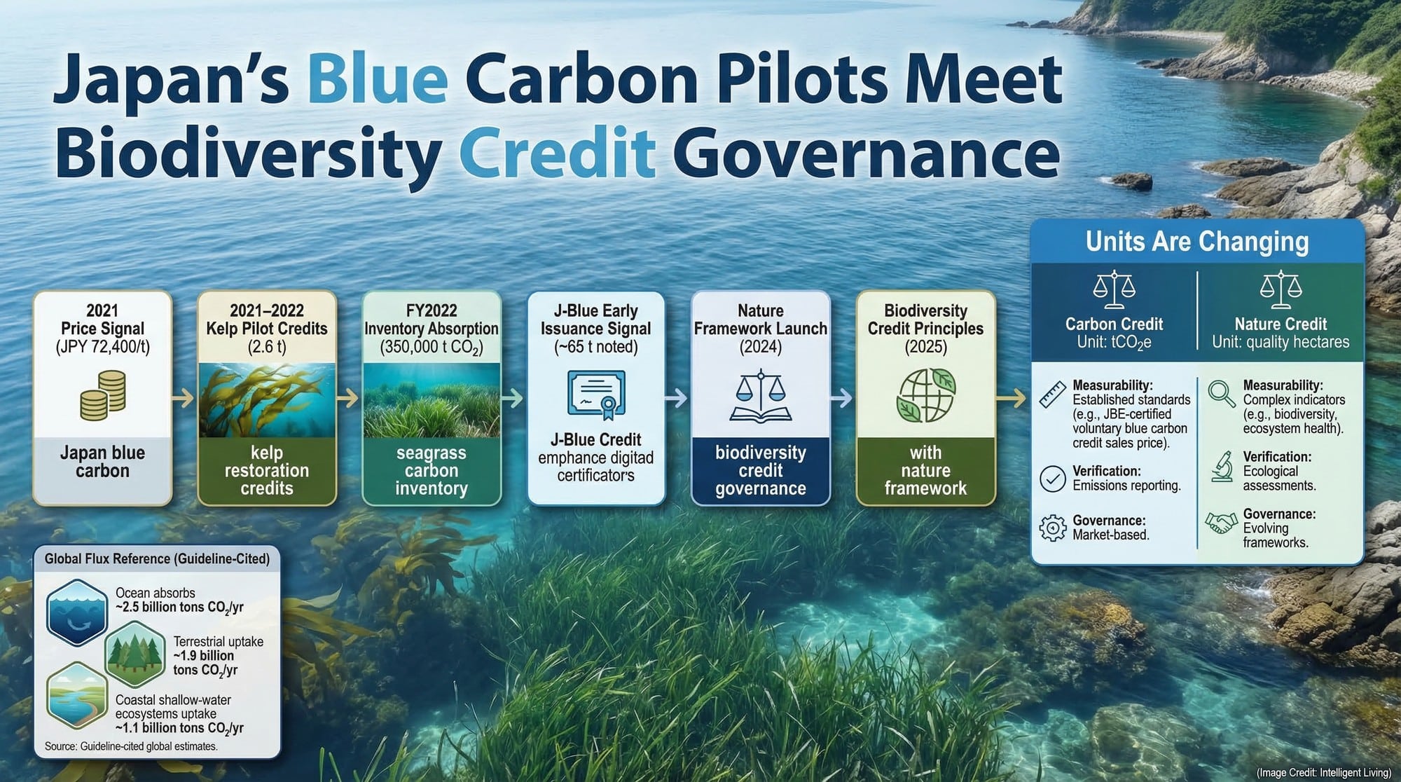 A timeline and comparison graphic connecting Japan's seagrass inventory milestone and kelp pilot credits with emerging biodiversity credit governance standards.
