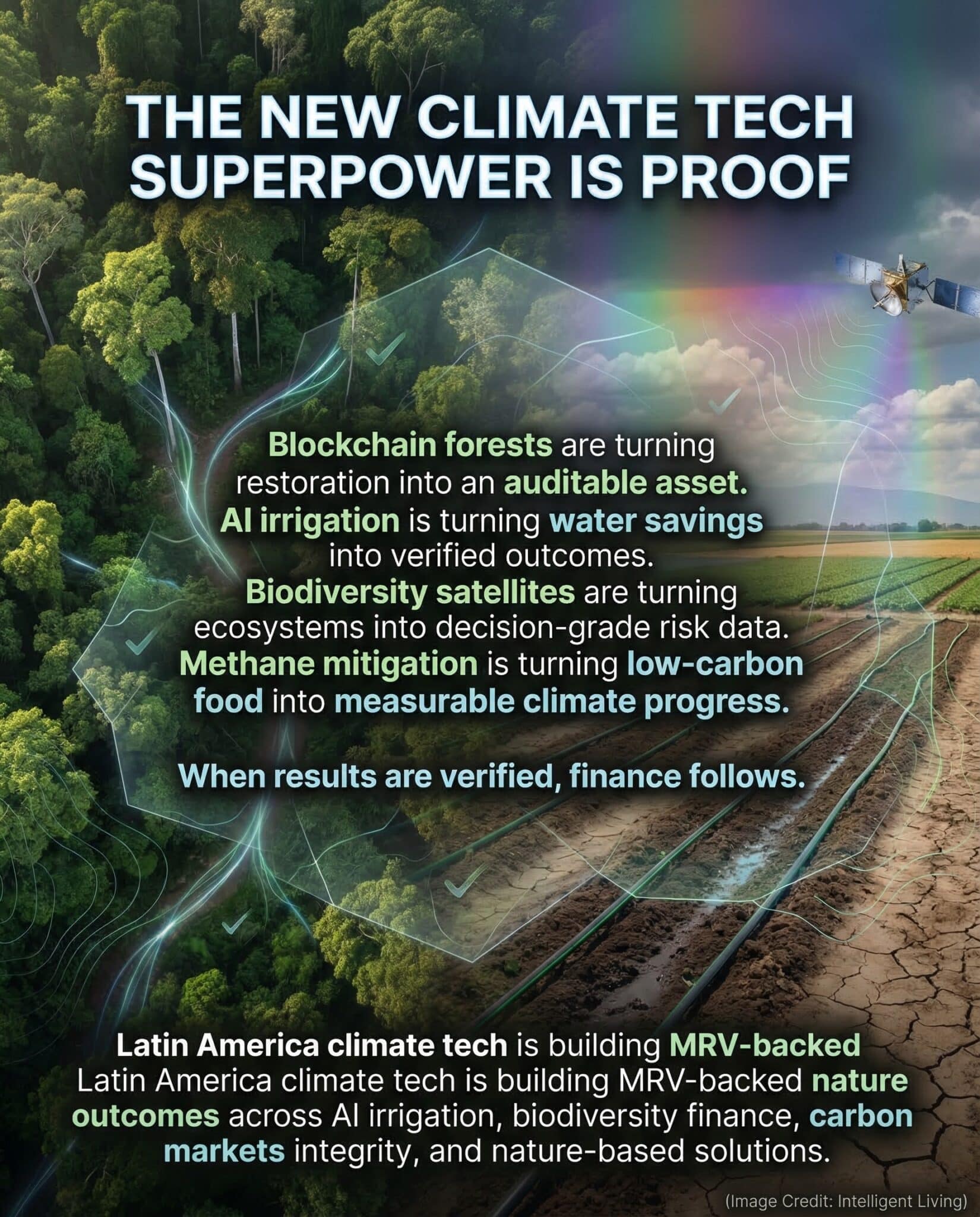 A cinematic meme showing blockchain-verified forest restoration merging with AI irrigation, biodiversity monitoring, and methane reduction signals.