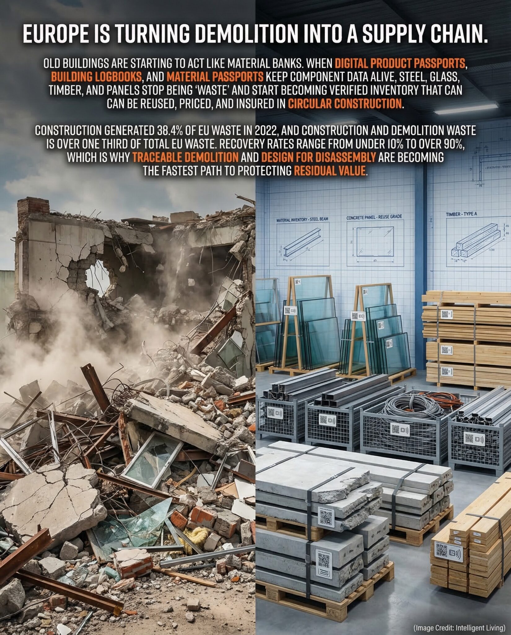 A dramatic split-scene showing chaotic demolition rubble transforming into a neatly tagged material inventory ready for reuse.
