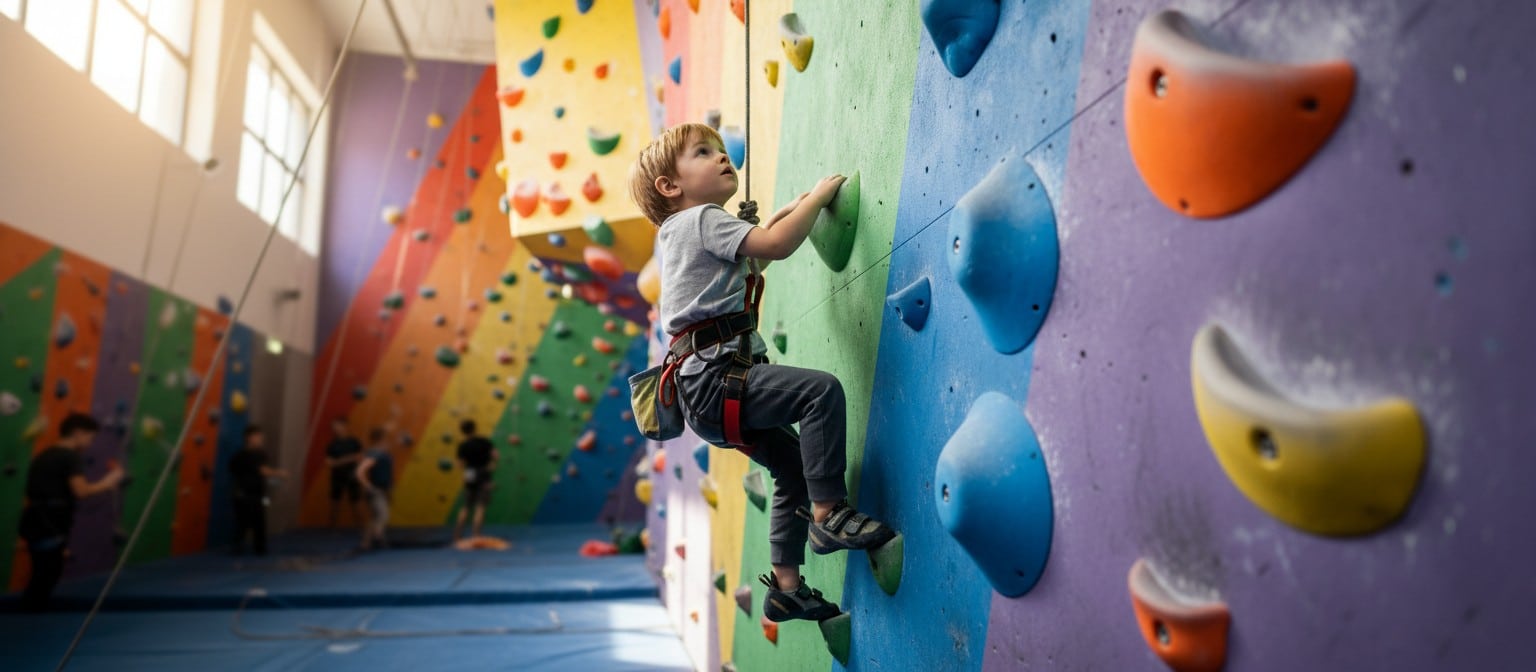 A young child wearing a safety harness scaling a colorful indoor climbing wall
