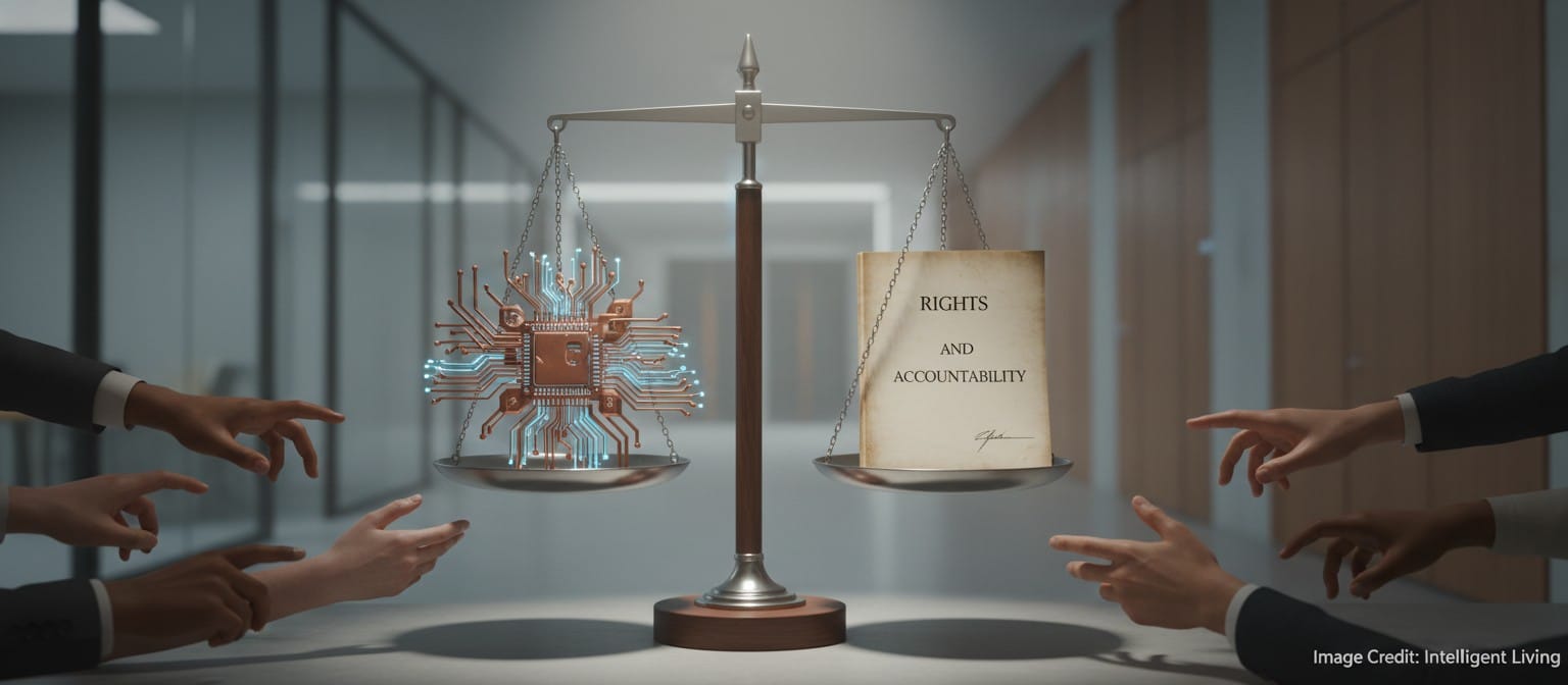 A balanced scale holding a circuit board and a human rights document, surrounded by diverse hands.