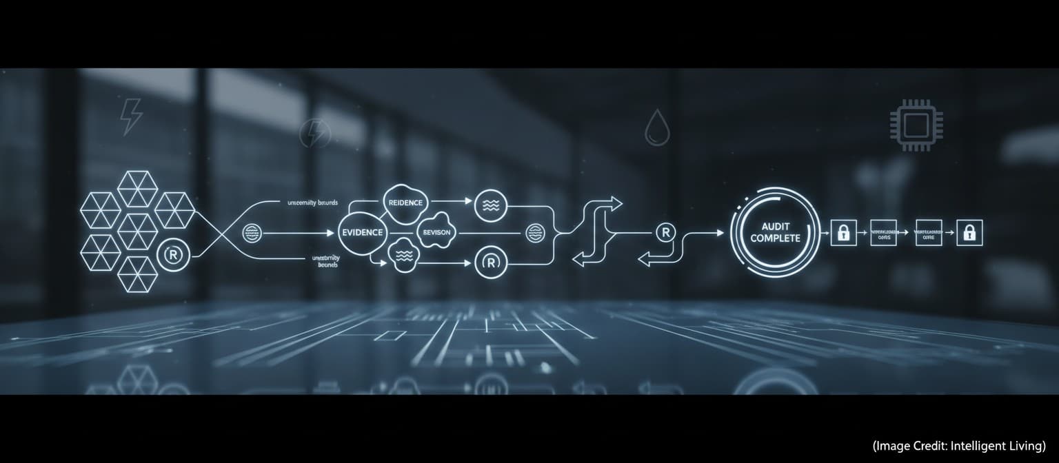 Audit-trace blueprint scene with icons for evidence, uncertainty, and sustainability constraints