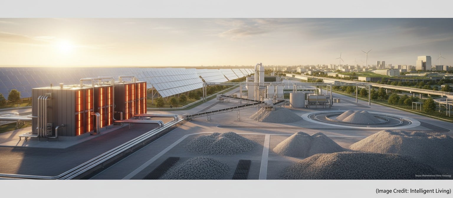 Wide cinematic image of electrified industrial heat, cleaner cement production, and circular concrete materials in a single scene.