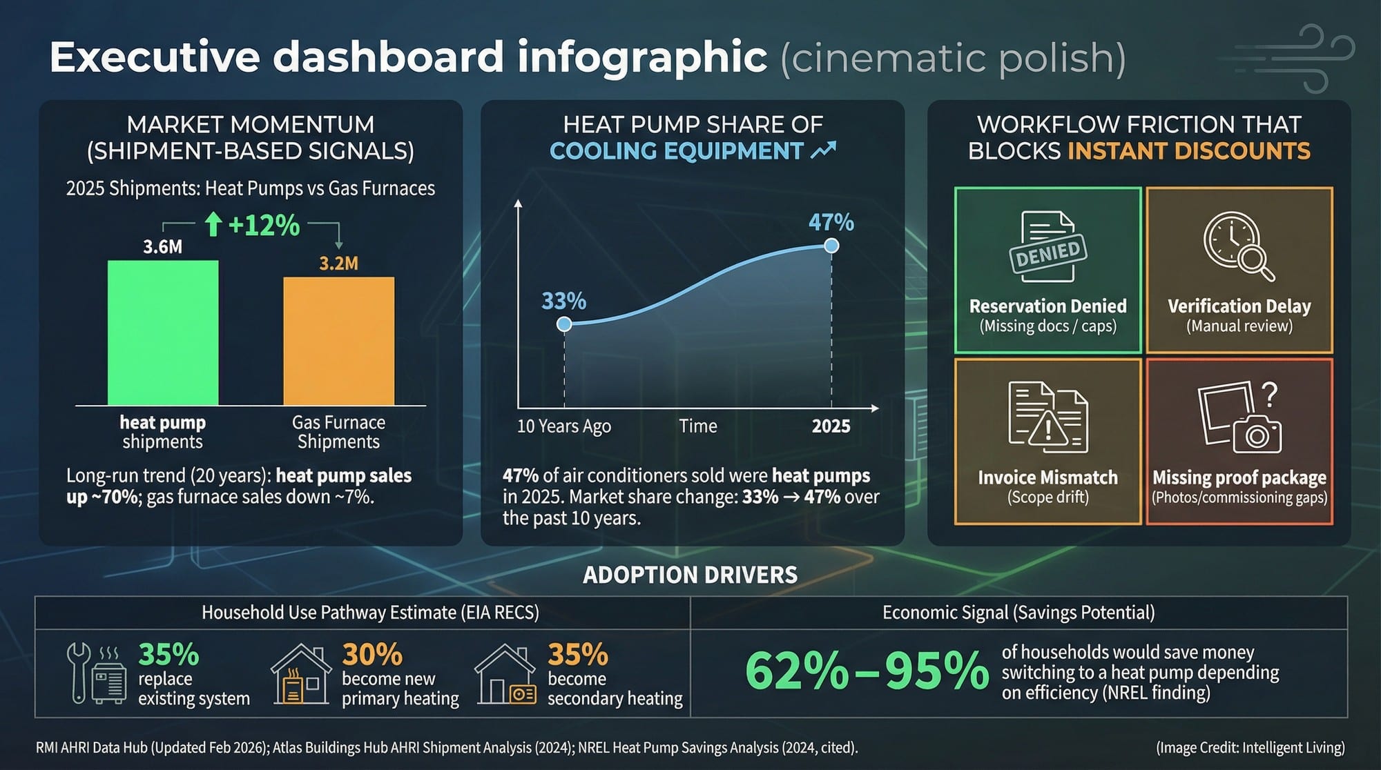 A market and workflow dashboard showing heat pump shipments versus gas furnaces, heat pump share of cooling equipment, and how friction points block adoption.