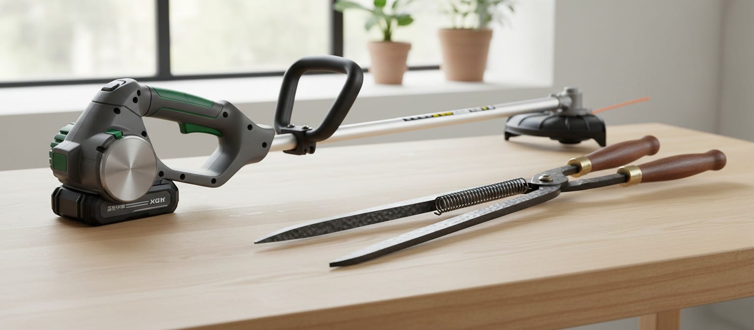 Battery-powered trimmer and manual garden shears side-by-side on a wooden table.