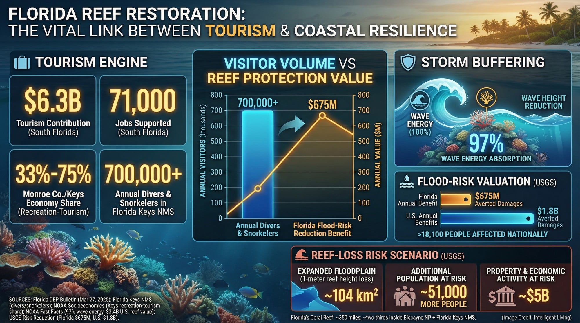 A chart-driven graphic connecting Florida reef restoration to tourism jobs and revenue, annual diver volume, wave-energy reduction, and USGS flood-risk savings in Florida.