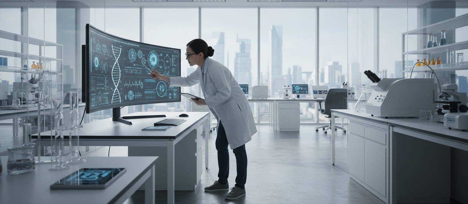 Scientists analyzing hormone research data on a large computer screen in a bright, modern laboratory.