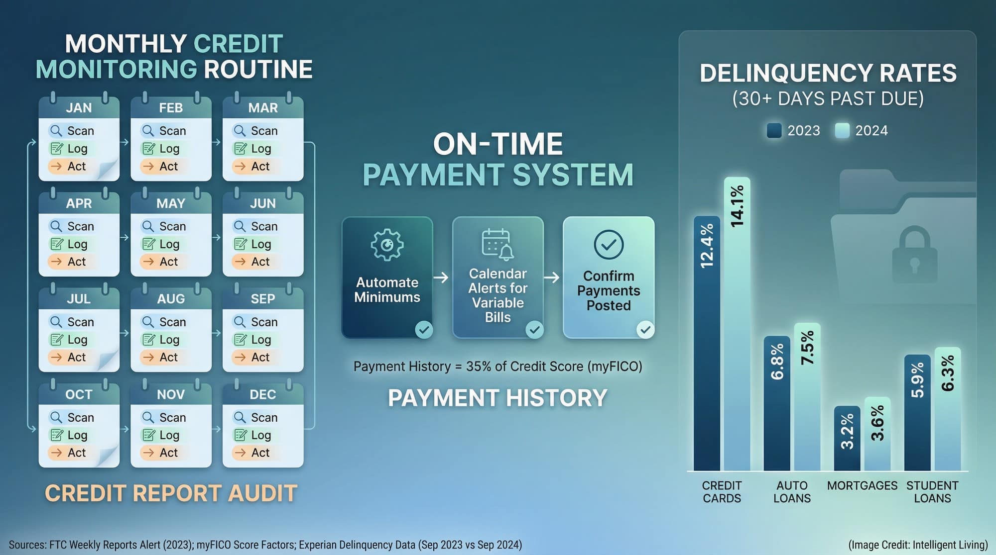 Calendar-based data visualization showing monthly credit monitoring routine, payment habit system, and delinquency rate comparisons by debt type in a clean, SEO-forward layout.